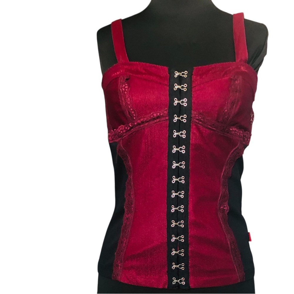 Tripp NYC Burgundy and Black Bustier Corset Top Size M Lace Trim Gothic Grunge